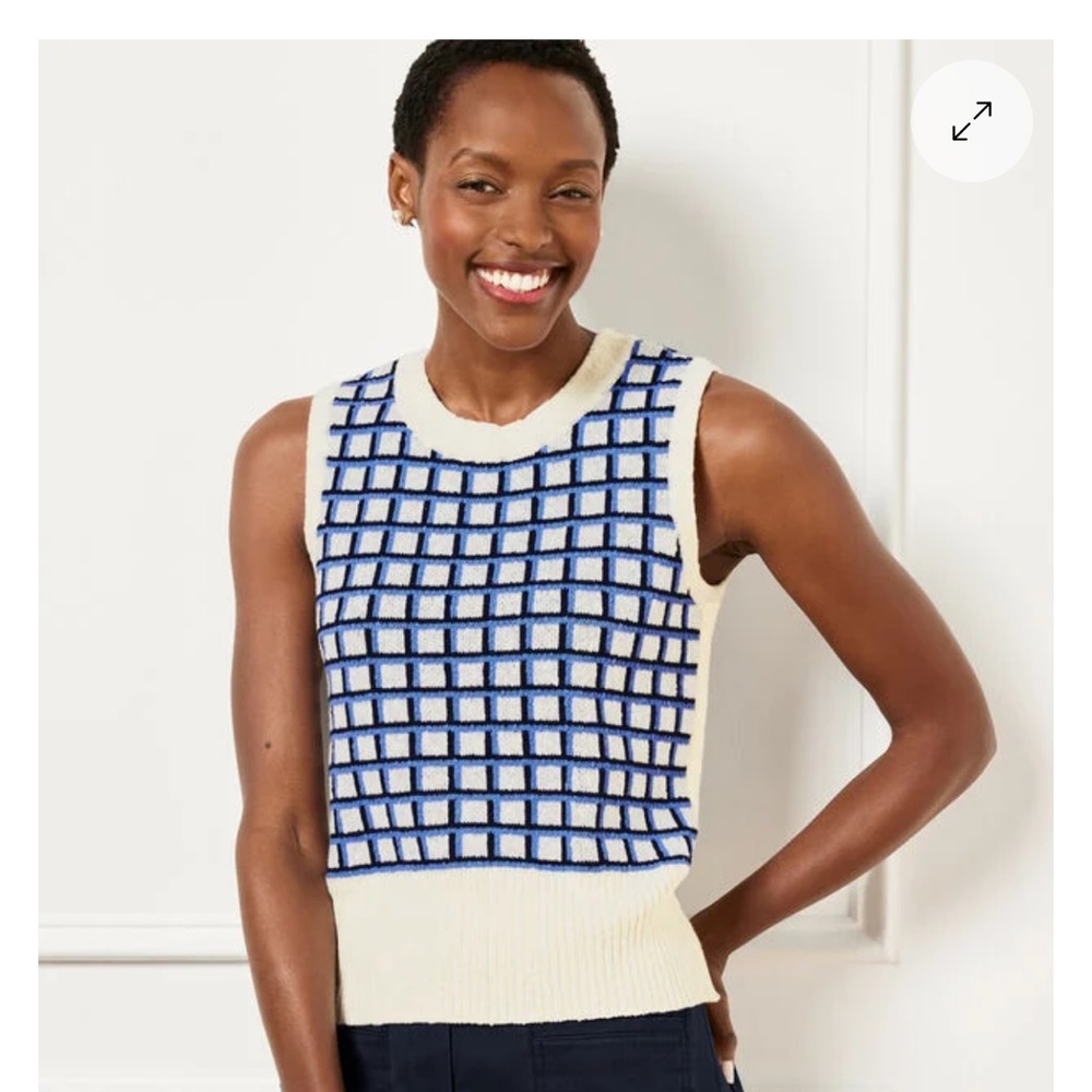 TALBOTS IVORY/INDIGO MULTI TEXTURED STITCH SWEATER SHELL PLAID PETITE NWT